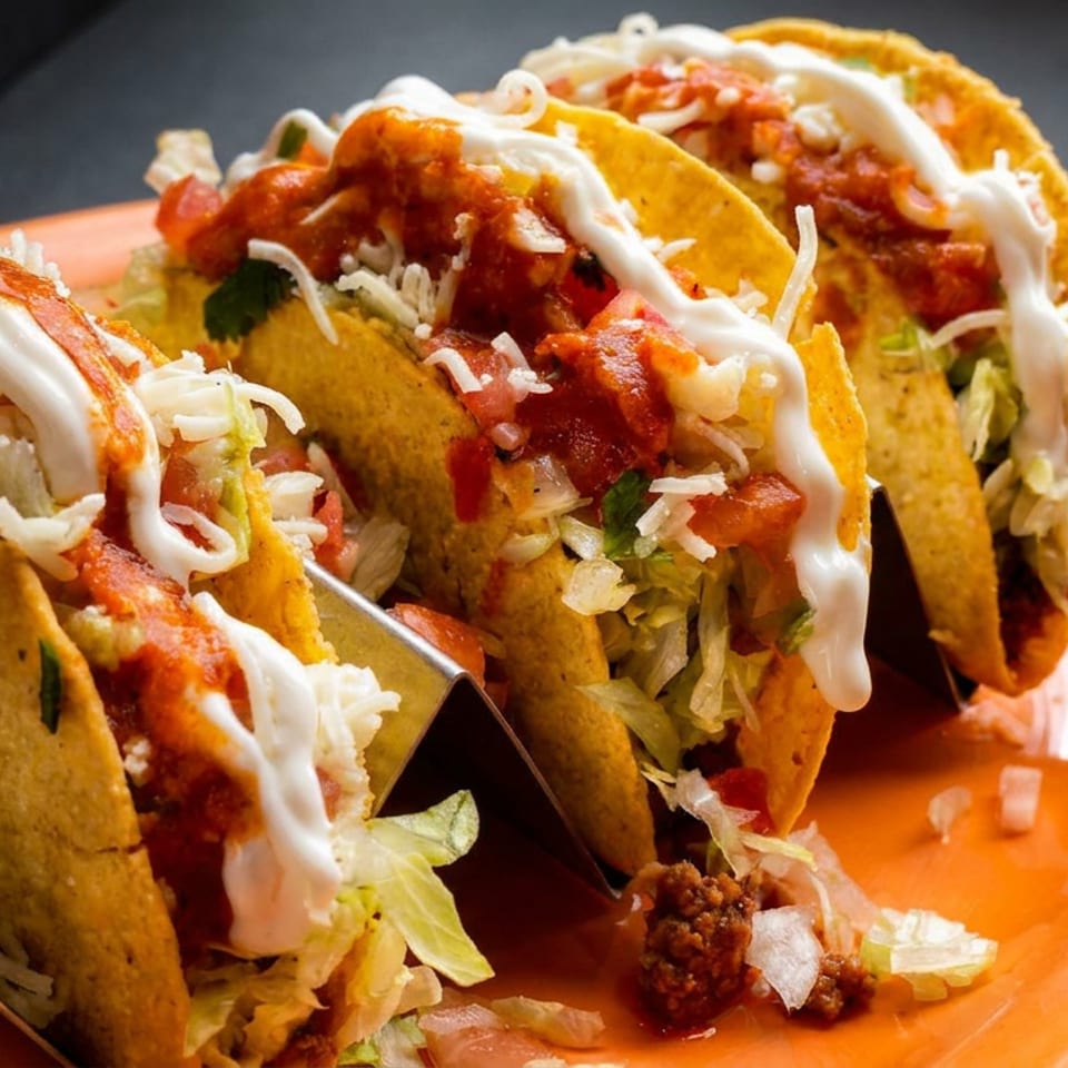 Three hard-shell tacos filled with meat, lettuce, cheese, salsa, and sour cream on an orange plate.