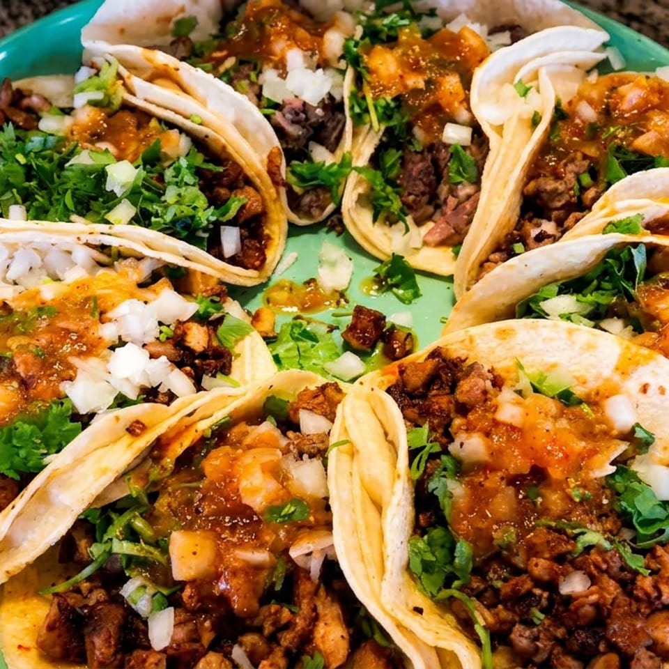 A green plate filled with eight street tacos topped with meat, onions, cilantro, and salsa.