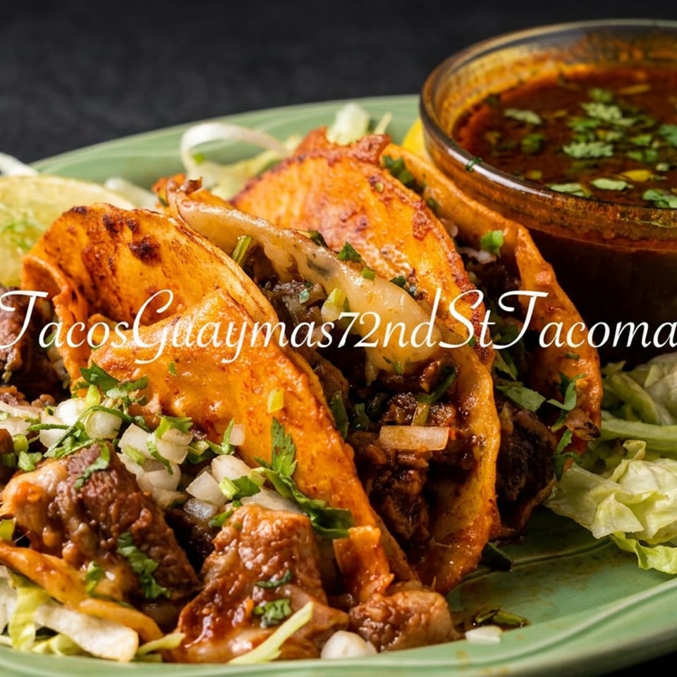 Three birria tacos with cilantro, onions, lime, and a side of consommé on a green plate.