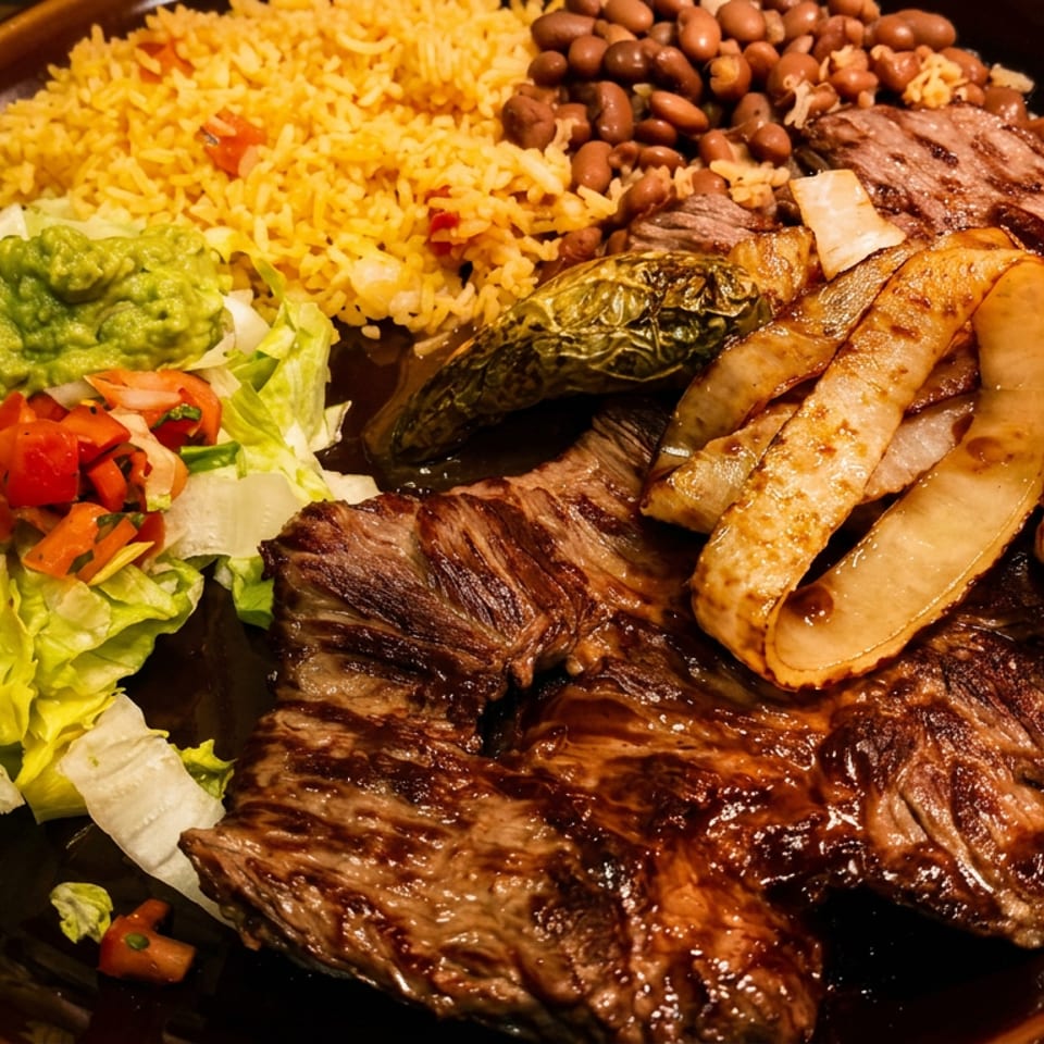 Grilled skirt steak with rice, beans, guacamole, pico de gallo, and grilled onions on a brown plate.
