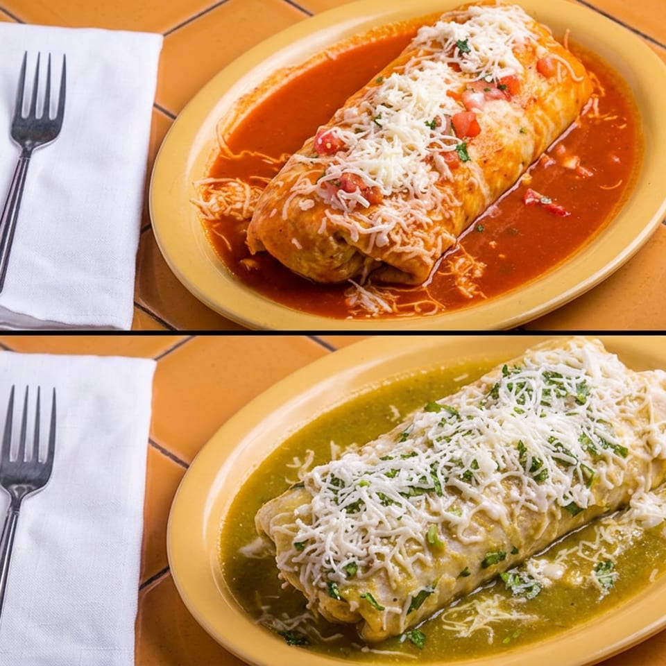 Two burritos on yellow plates, one with red sauce and one with green sauce, on a tiled table.