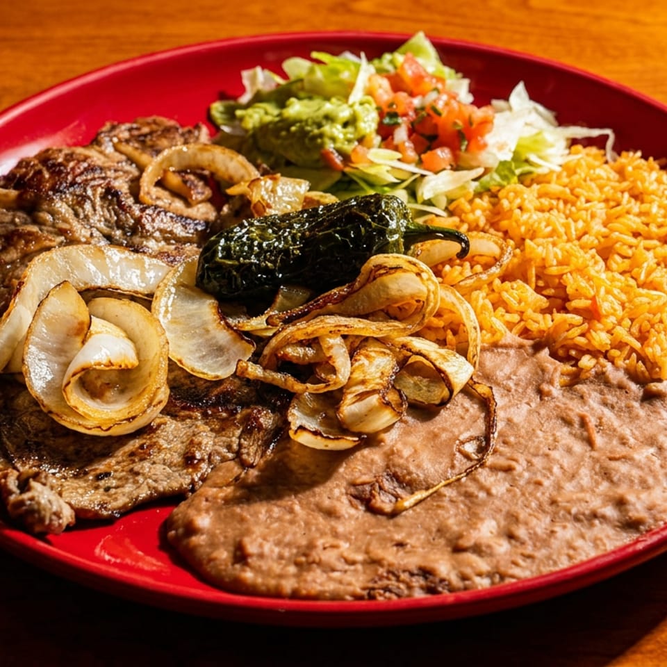 Grilled steak with onions, rice, refried beans, a charred pepper, and a side salad on a red plate.