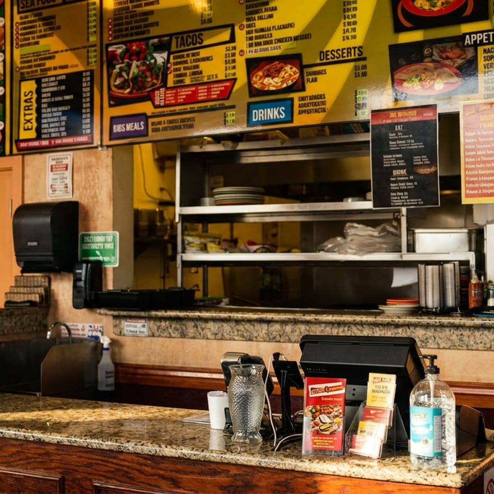 A brightly lit counter and menu board inside a casual Mexican restaurant.