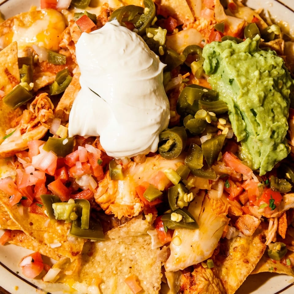A plate of nachos with chicken, cheese, jalapeños, pico de gallo, guacamole, and sour cream.