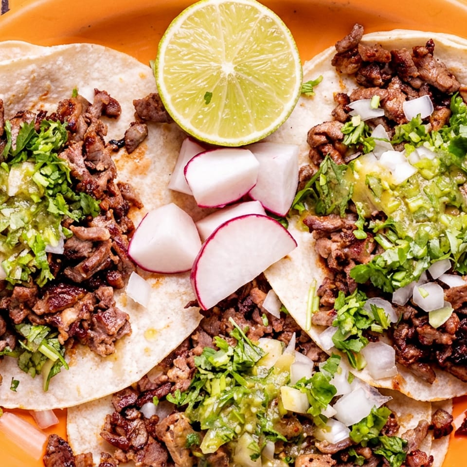 Three carne asada street tacos with salsa verde, cilantro, onions, radishes, and lime.