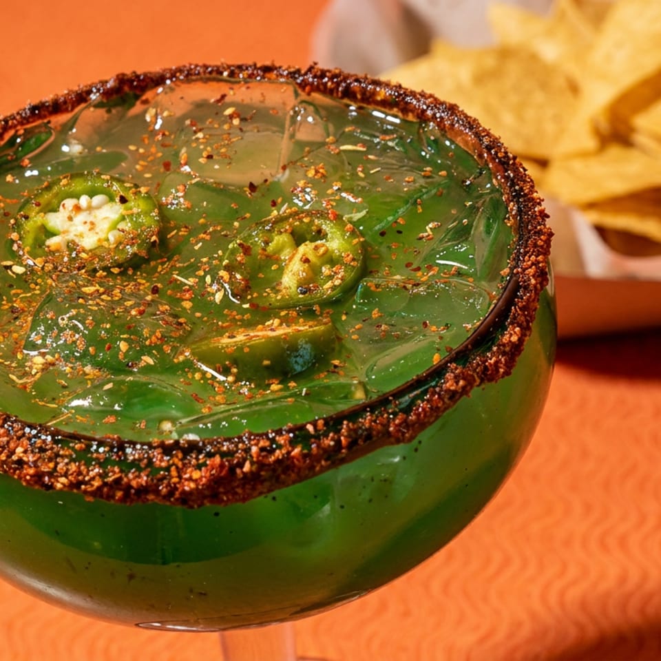 A green margarita with jalapeño slices and chili powder rim, next to a basket of tortilla chips.